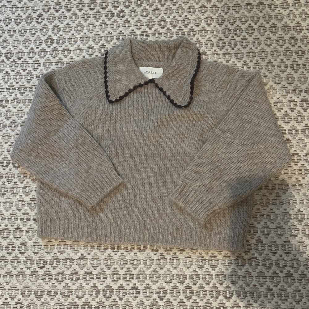 THE GREAT. The Crochet Collar Pullover In Oat W/ Brown